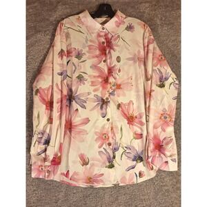 Floral Watercolor Button Shirt Pink Purple Long Sleeve XXL Lightweight Stretch